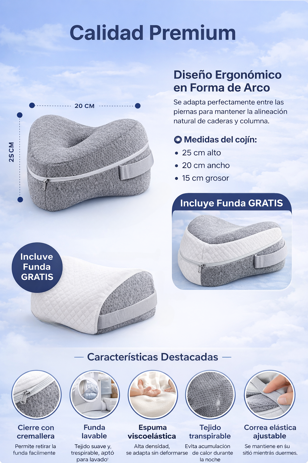 MIVA - Cojín Viscoelástico para Piernas + Funda GRATIS